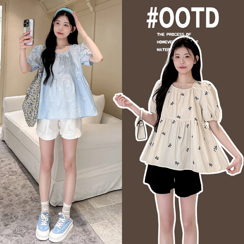 减龄甜美孕妇衬衫夏季蝴蝶结碎花刺绣孕妇 上衣衬衣洋气孕妇套装