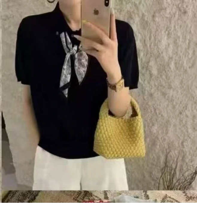 丝巾搭配设计针织衫韩版洋气百搭夏季新款polo领正肩短袖显瘦上衣