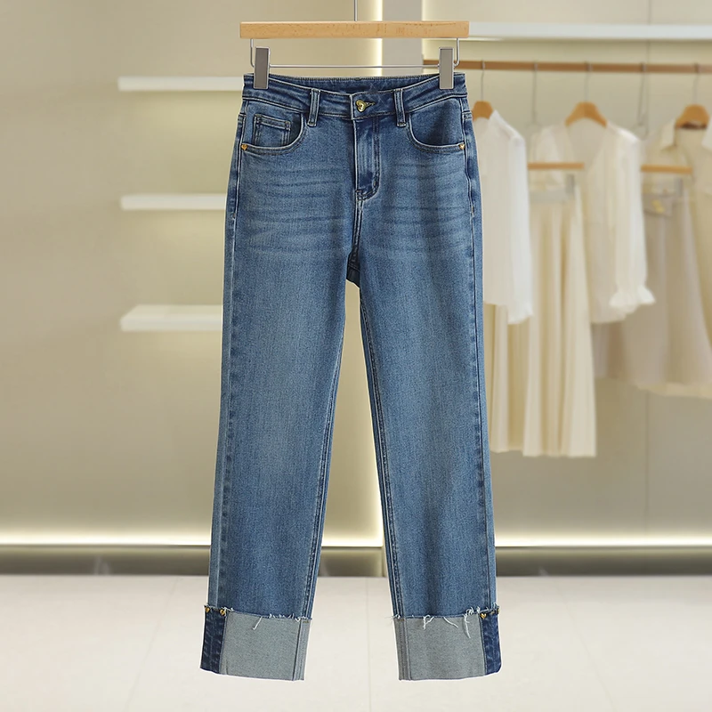 【伍莎-自营】韩版显瘦水洗卷边百搭牛仔裤