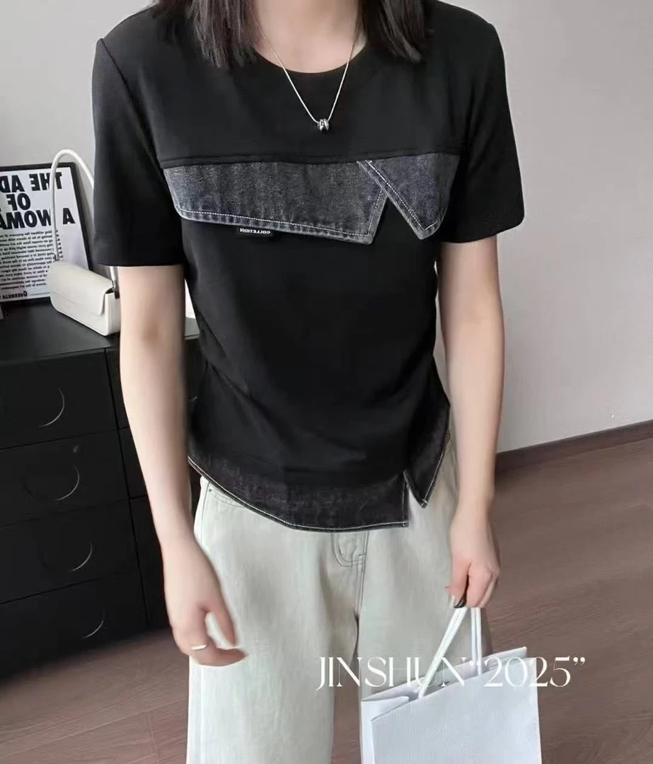 深圳南油高货shang左边露肩上衣圆领拼接洋气宽松型短袖T恤夏季