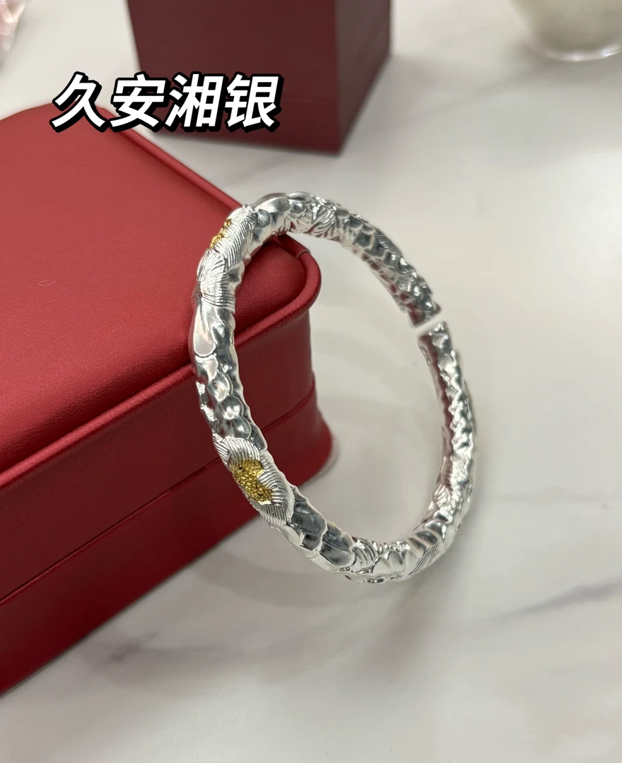 足银手镯 足银【久安湘银】足银999.9新中式精致手工点金牡丹银手镯