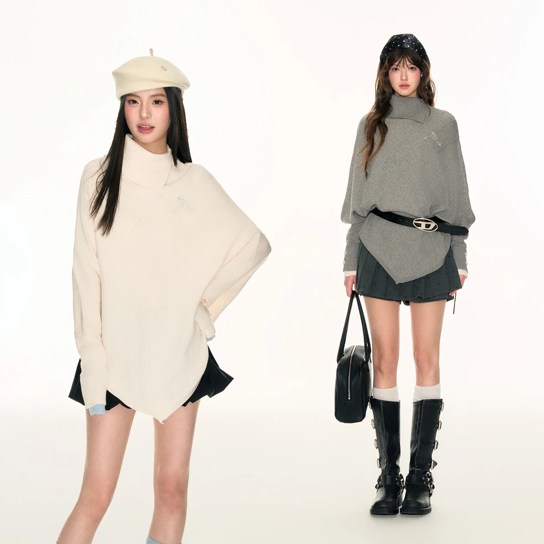 FPMZ高领翻领刺绣logo不规则宽松韩系斗篷毛衣外套薄款披风针织衫