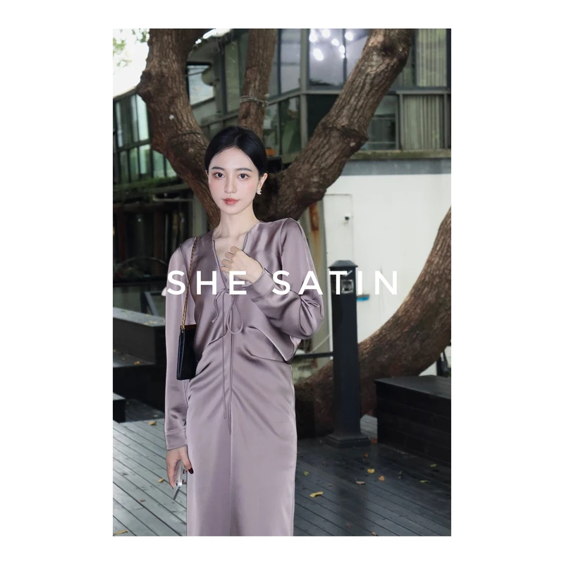 【安酒月专属】贵气袭人 重磅气质长袖V领设计感连衣裙AE4ASL11