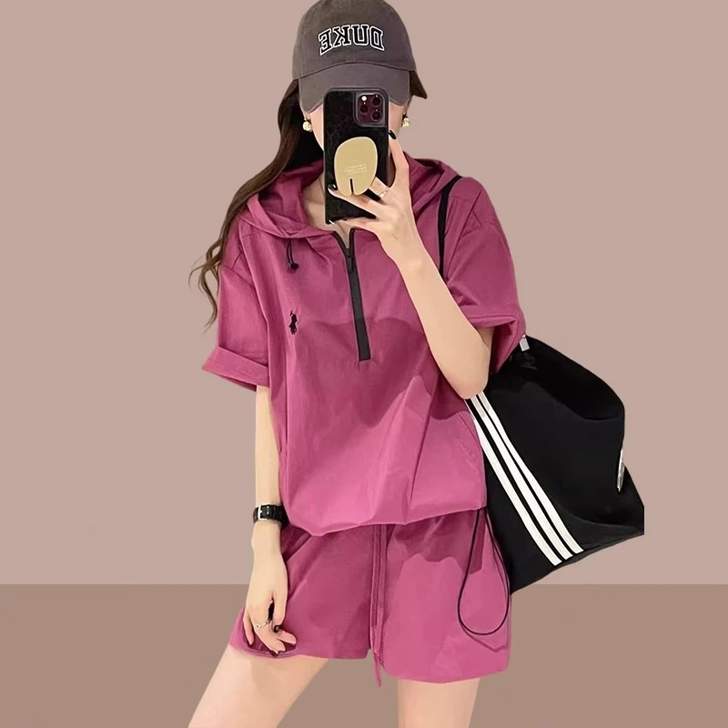 欧货时尚防晒服连帽套装女2024新款夏季韩版薄款短袖短裤两件套潮