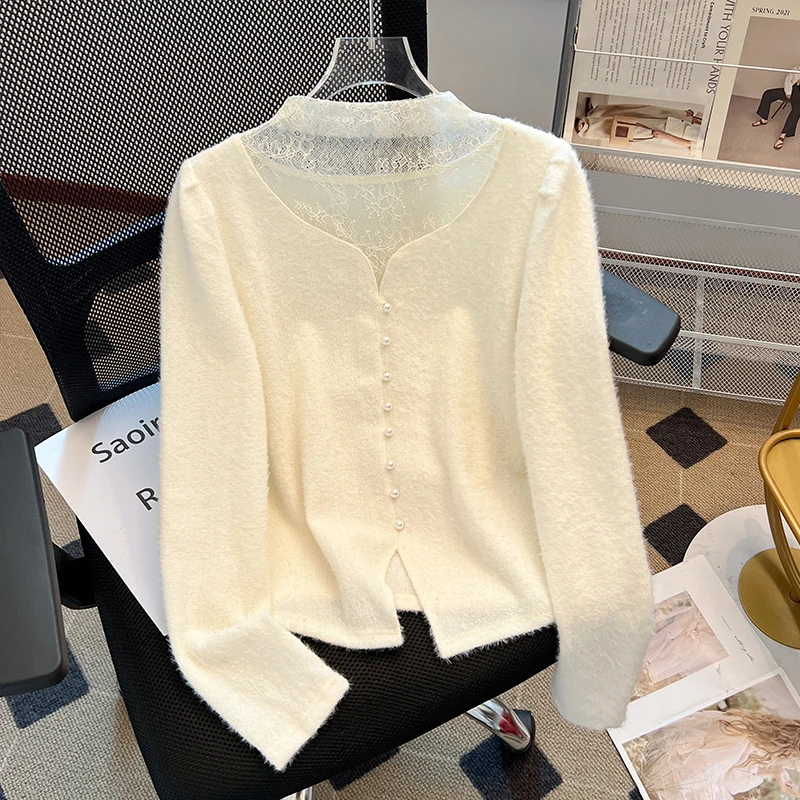 半中高领拼接网纱蕾丝长袖内搭打底衫女2025春秋冬新款高级感上衣