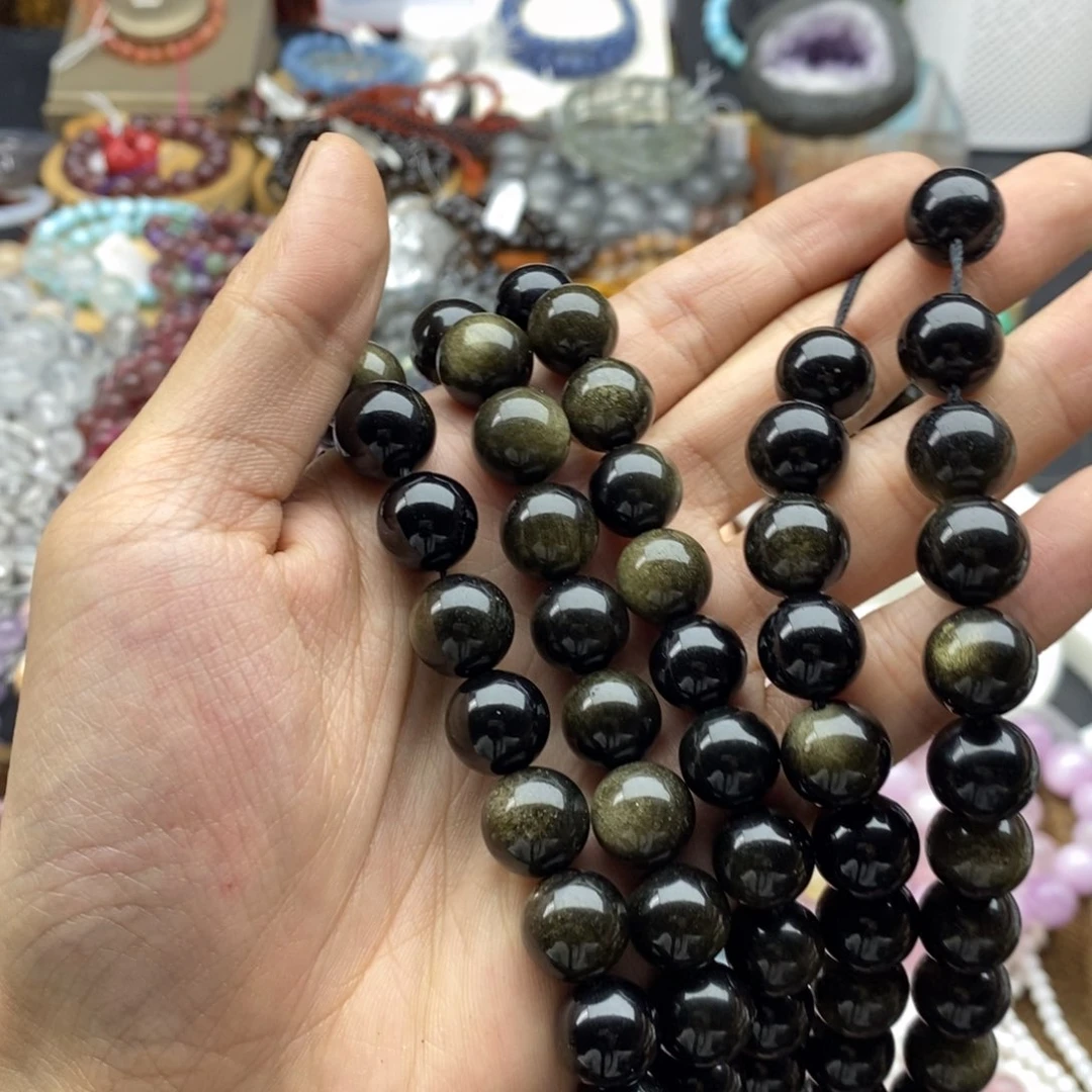 玛瑙/玉髓未镶嵌珠宝半成品一条天然12mm金耀石圆珠A169