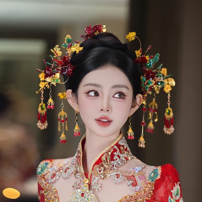 合金婚庆饰品 中式新娘龙凤褂结婚华丽重工秀禾花朵红色头饰D0640