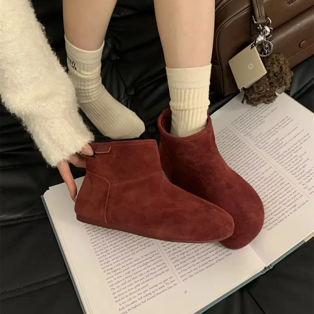 皮毛一体雪地靴女款加绒保暖博肯短靴冬季新款复古平底丑萌棉鞋