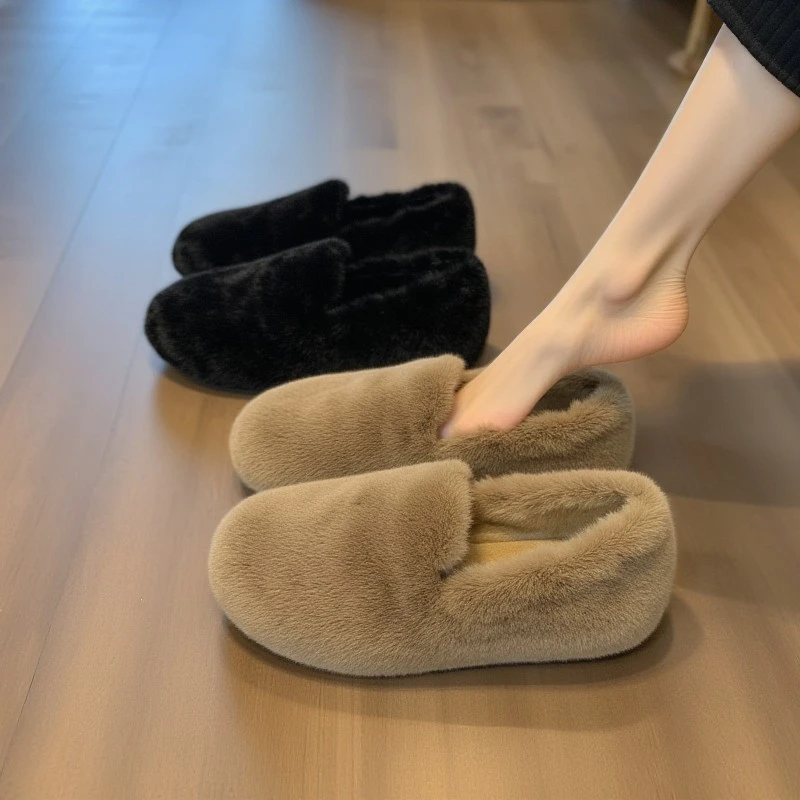 兔毛绒毛毛鞋女秋冬季平底加绒温柔高级感外穿豆豆鞋孕妇软底棉鞋