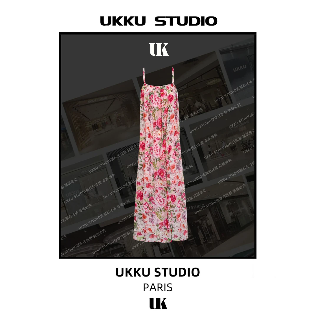 丹妮【UKKUSTUDIO】【粉黛家人】设计师玫收腰印花吊带连衣裙313880