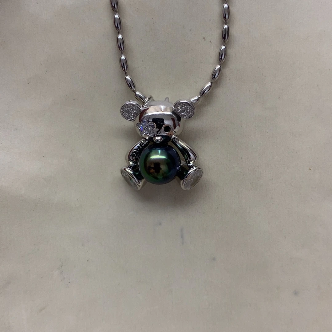 海水珍珠银S925镶嵌颈饰9-10大溪地抱抱熊毛衣链