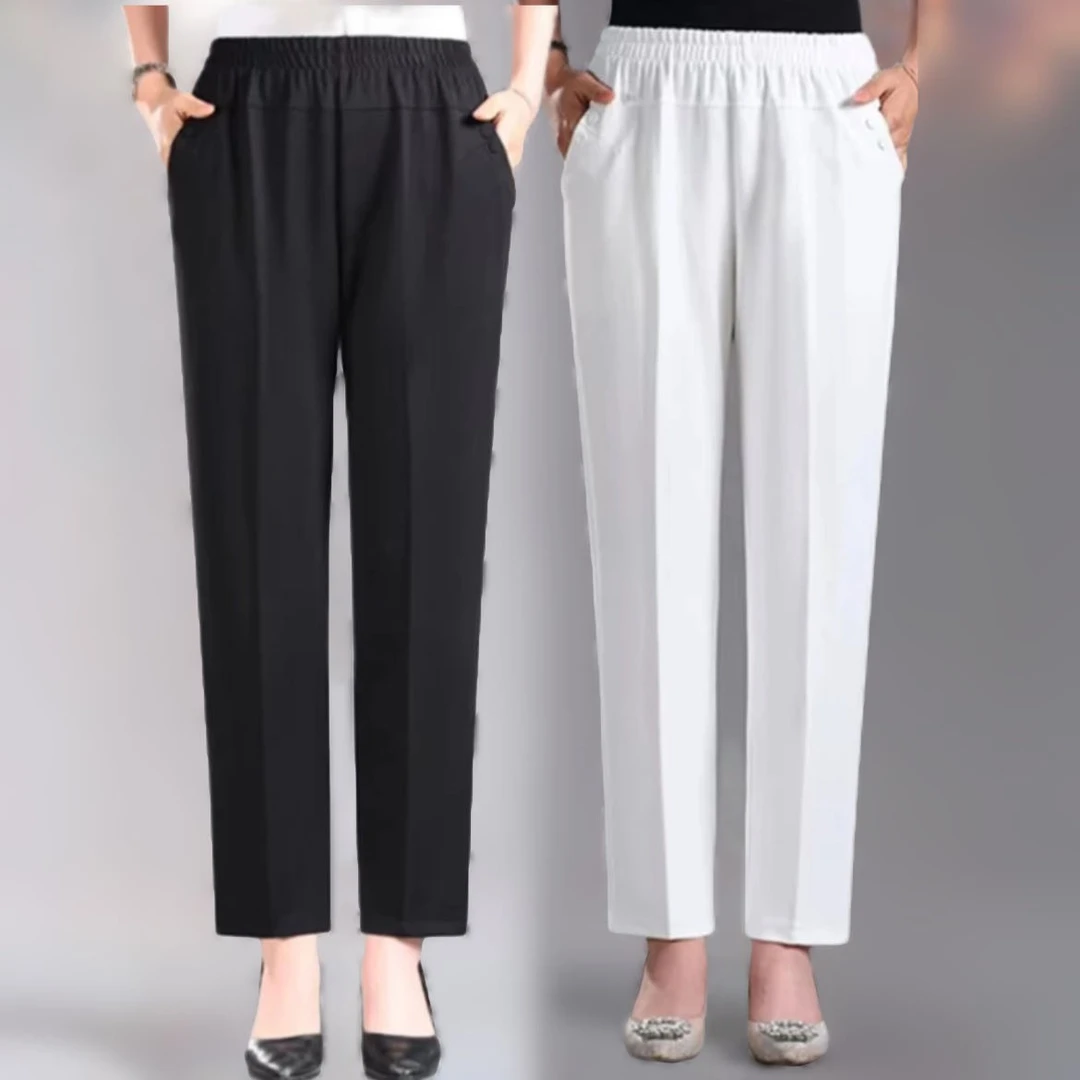春秋新款高腰宽松外穿显瘦松紧腰直筒裤中老年大码百搭弹力休闲裤