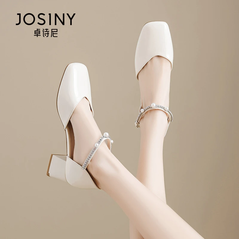 卓诗尼时装水钻珍珠凉鞋女2025年春季新款一字扣带温柔仙女风女鞋