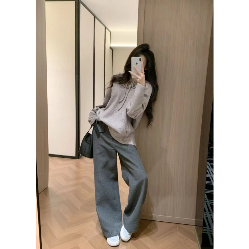 简约气质慵懒风穿搭一整套秋冬韩系纯色百搭长袖上衣宽松阔腿长裤