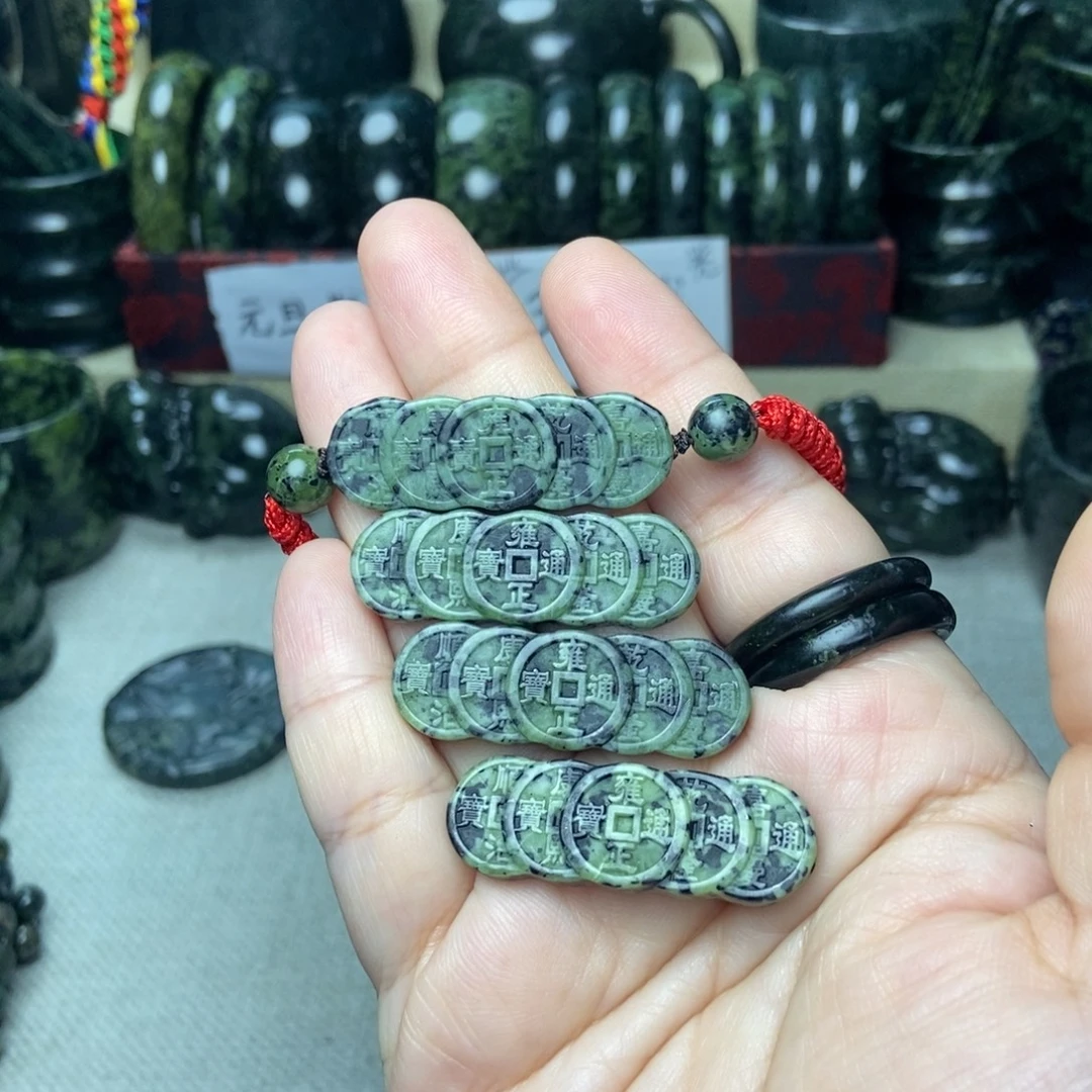 蛇纹石玉未镶嵌手链五帝钱（光）-西藏药王石