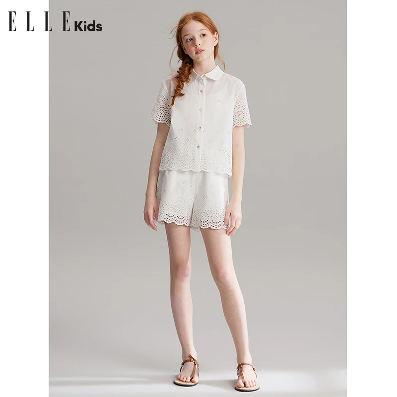 ELLE KIDS童装 法式棉布刺绣套装夏季新款短袖衬衫+松紧腰短裤A2