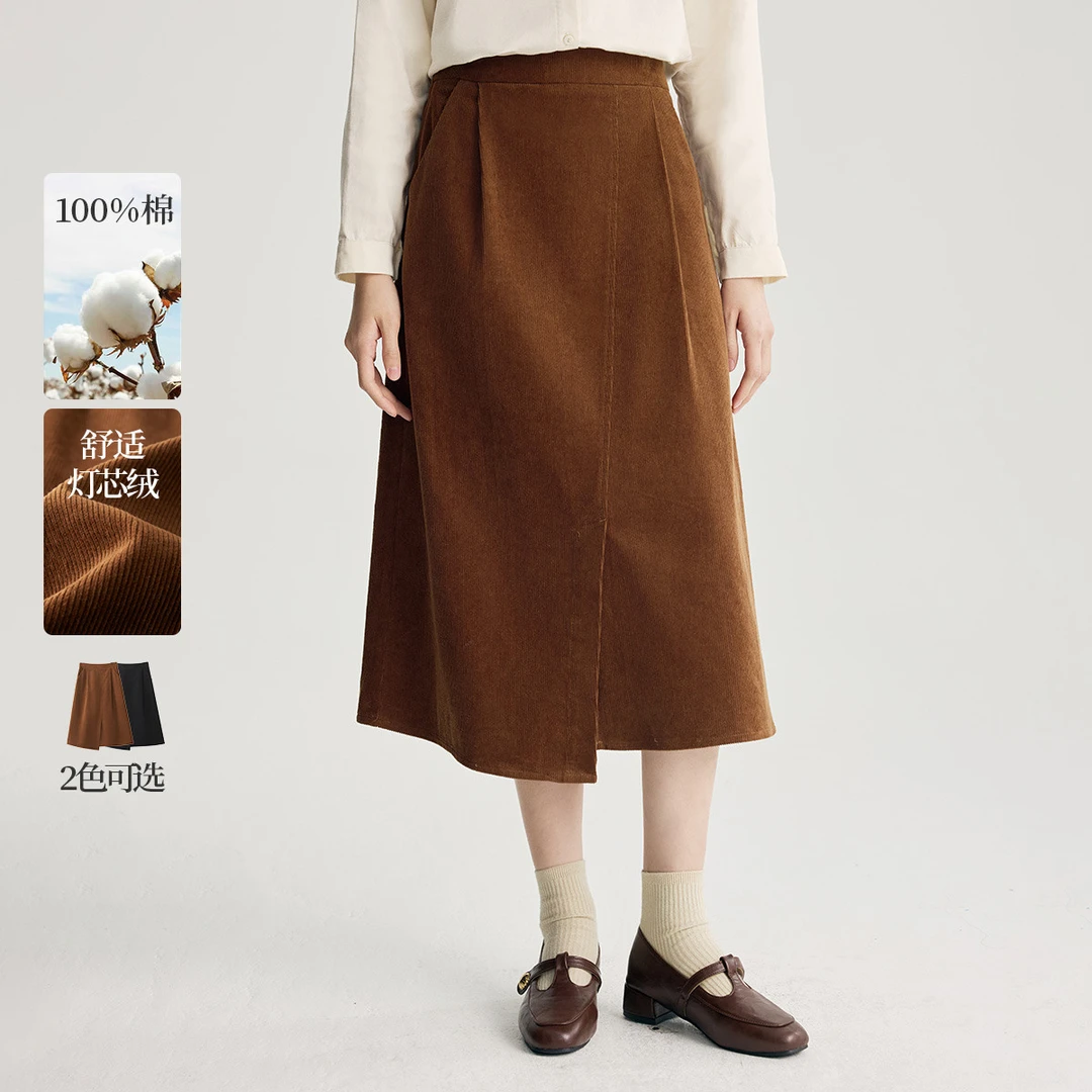 【浪漫情人节】茵曼冬季纯棉灯芯绒开叉半身裙女时尚百搭显瘦A字裙