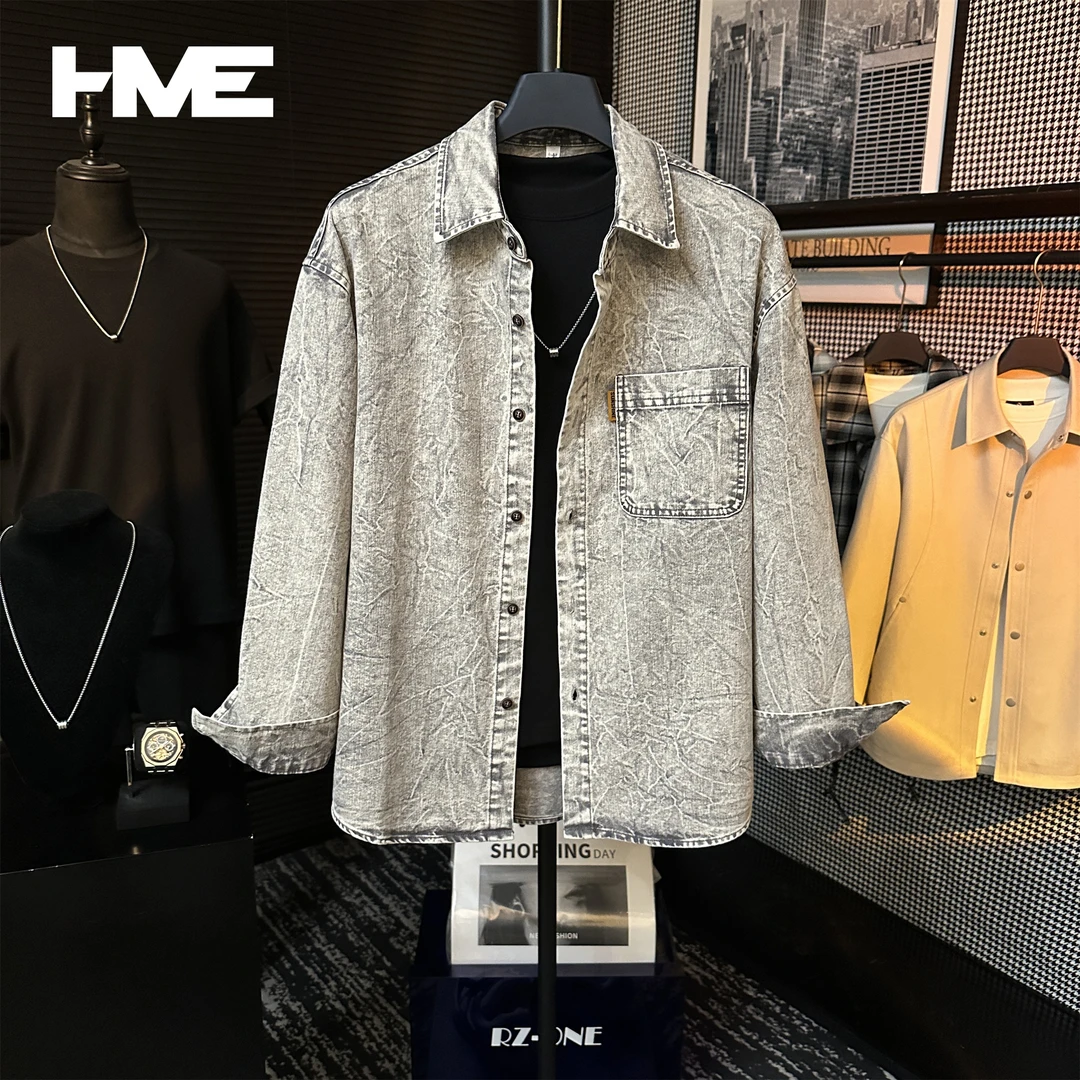 【HMEYAO】原创秋季复古做旧水洗牛仔衬衫时尚潮流口袋百搭衬衣外套