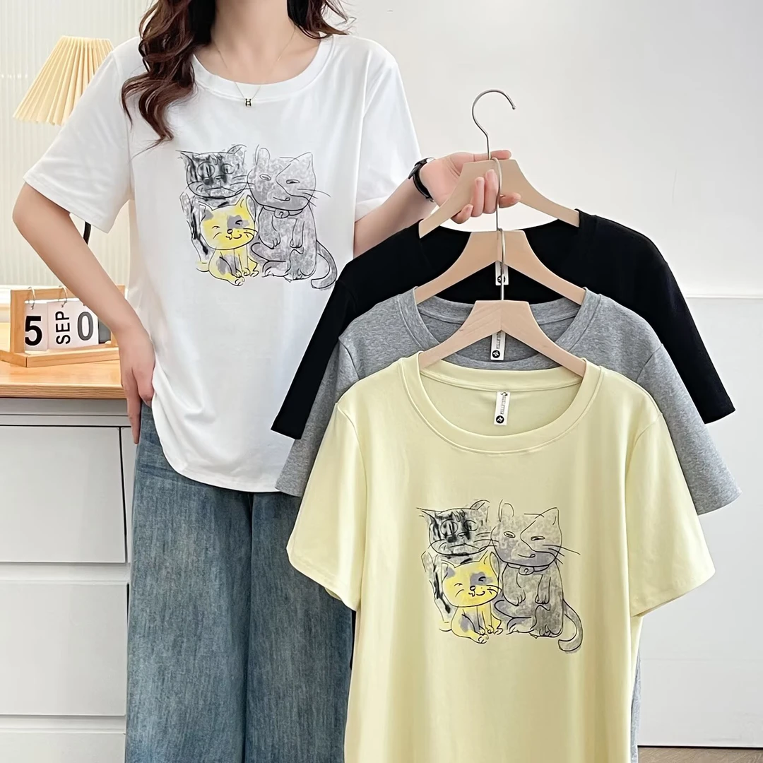 YueBeiLa/月贝拉大码夏减龄印花圆领短袖INS风T恤宽松显瘦半袖女