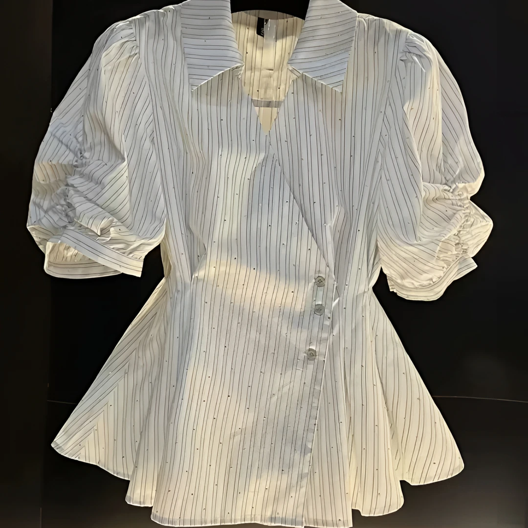 法式Polo领条纹短袖衬衫女夏2025新款高级感收腰显瘦气质裙摆上衣