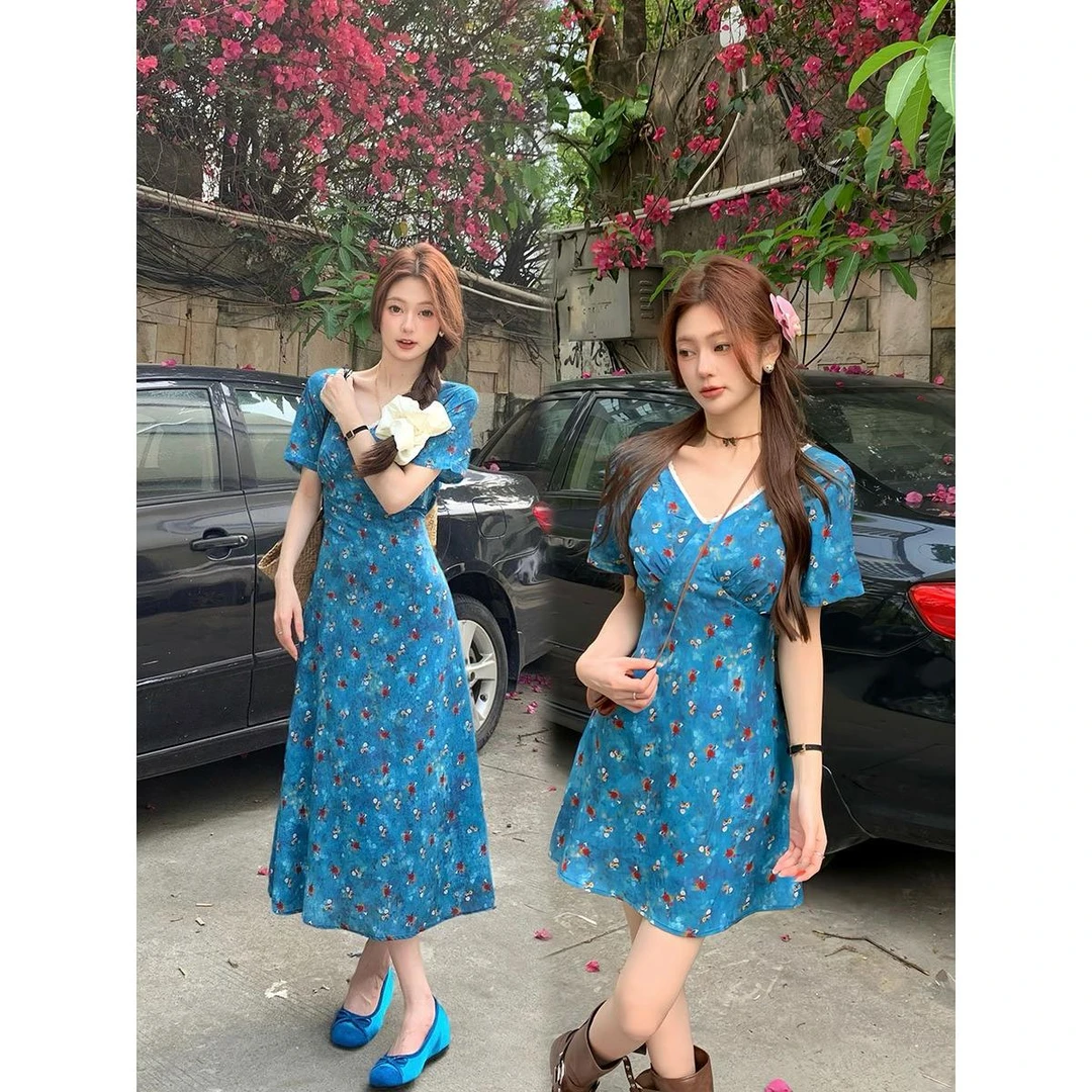 大码女装法式碎花V领收腰短袖闺蜜连衣裙胖MM藏肉系带显瘦长裙女