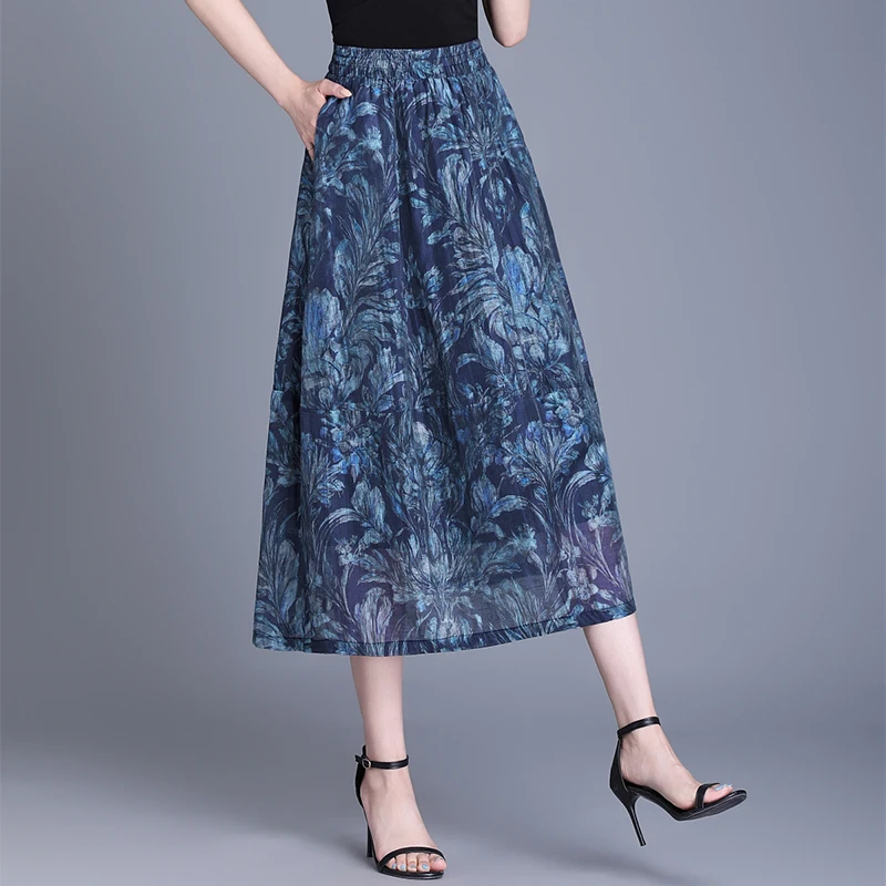 天丝亚麻a字裙薄款半身裙2025夏季新款花苞裙中长款碎花裙女长裙