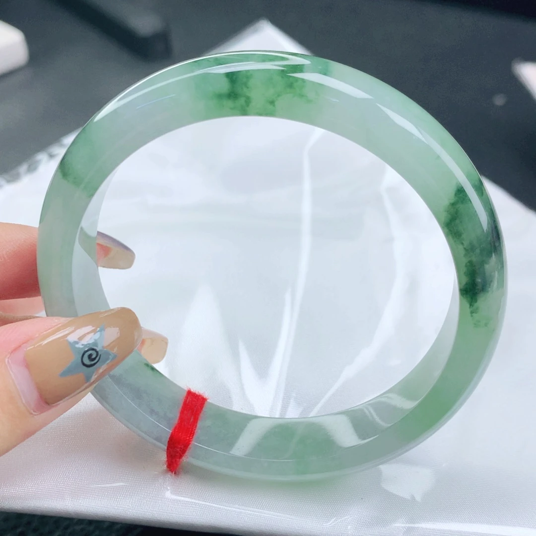 翡翠未镶嵌手镯缅甸60.7冰种冰飘绿花正圈