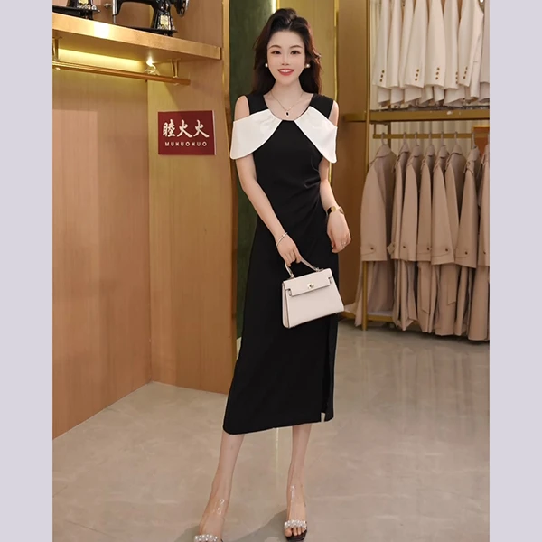 【奥黛丽】法式高级感撞色露肩拼接显瘦连衣裙2025夏季新款