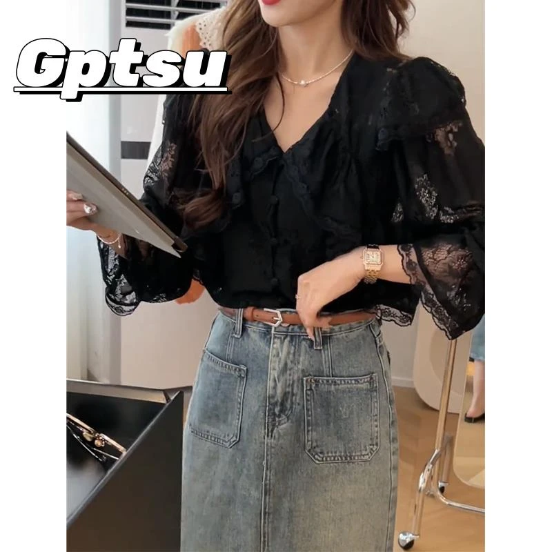 GPTSu法式泡泡袖蕾丝衬衫女夏季小众上衣别致漂亮小衫小个子衬衣