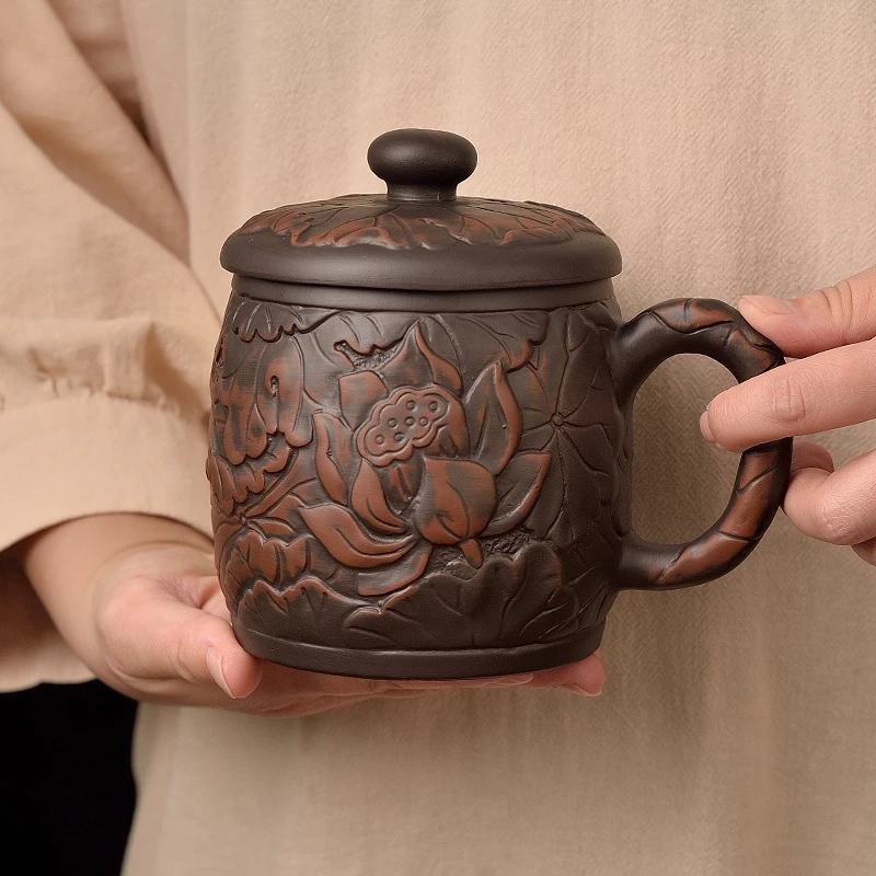 国潮新款大容量中式紫砂杯家用陶瓷朱泥盖杯莲花龙杯茶杯茶道用具