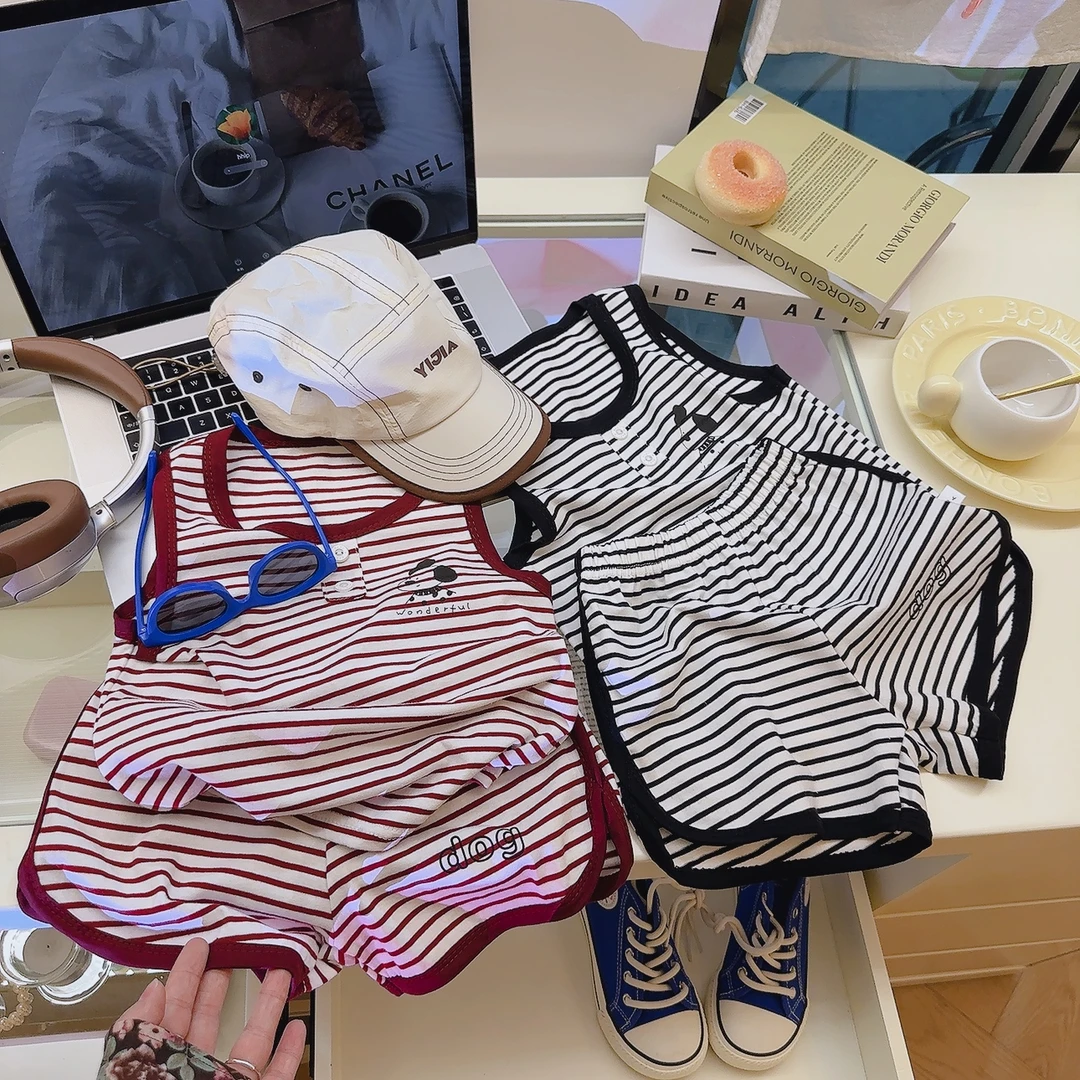 夏季新款简韩儿童百搭条纹背心无袖短裤套装男童卡通印花套装