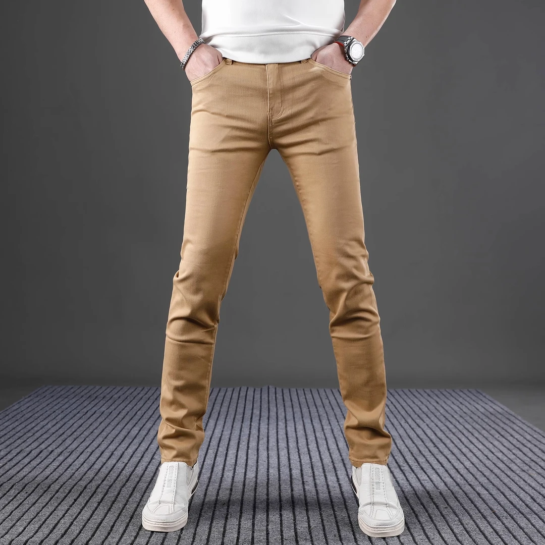 高端卡其色牛仔裤男款爆款2025新款夏季薄款修身小脚轻奢休闲长裤