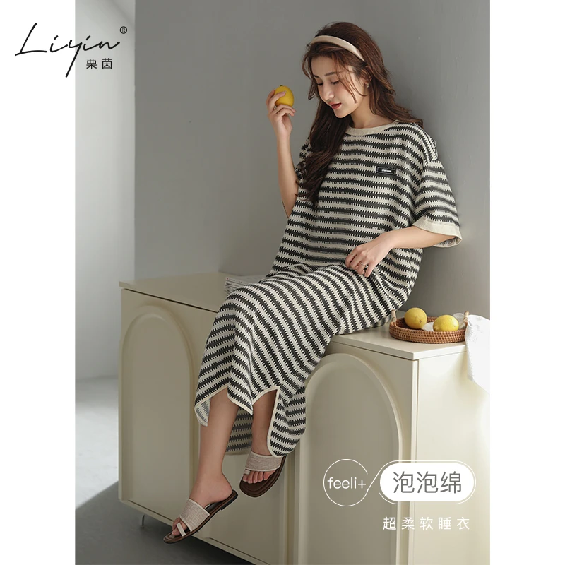 栗茵小众设计师新款泡泡绵女士睡衣夏季短袖少女睡裙可外穿连衣裙