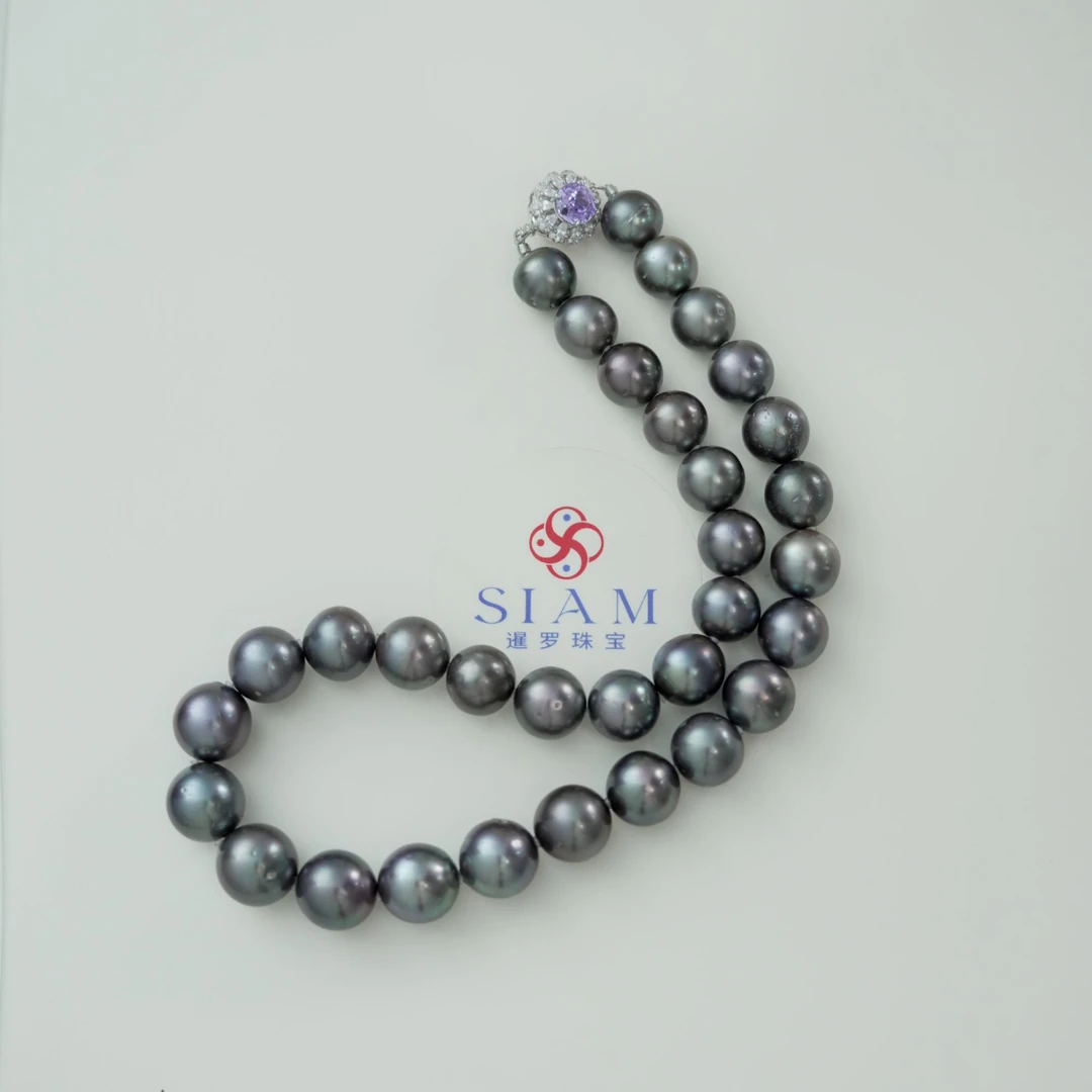 【暹罗珠宝】天然海水特选大溪地海洋蓝铂金灰珍珠项链11-12mm 040B
