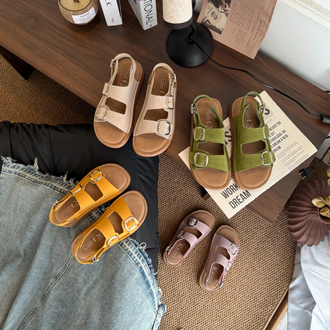 【EI】勃肯平底露趾凉鞋女2025新款夏季舒适软底皮带扣一字带罗马鞋