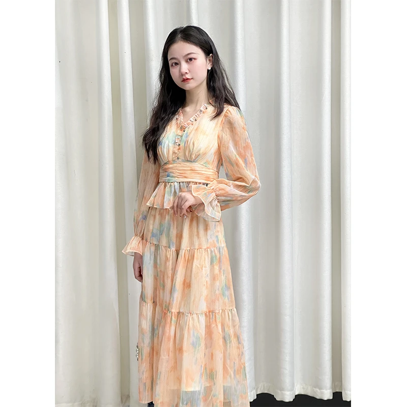 【落日海岸】小个子定制款V领长袖春夏晕染收腰衬衫半身裙套装女