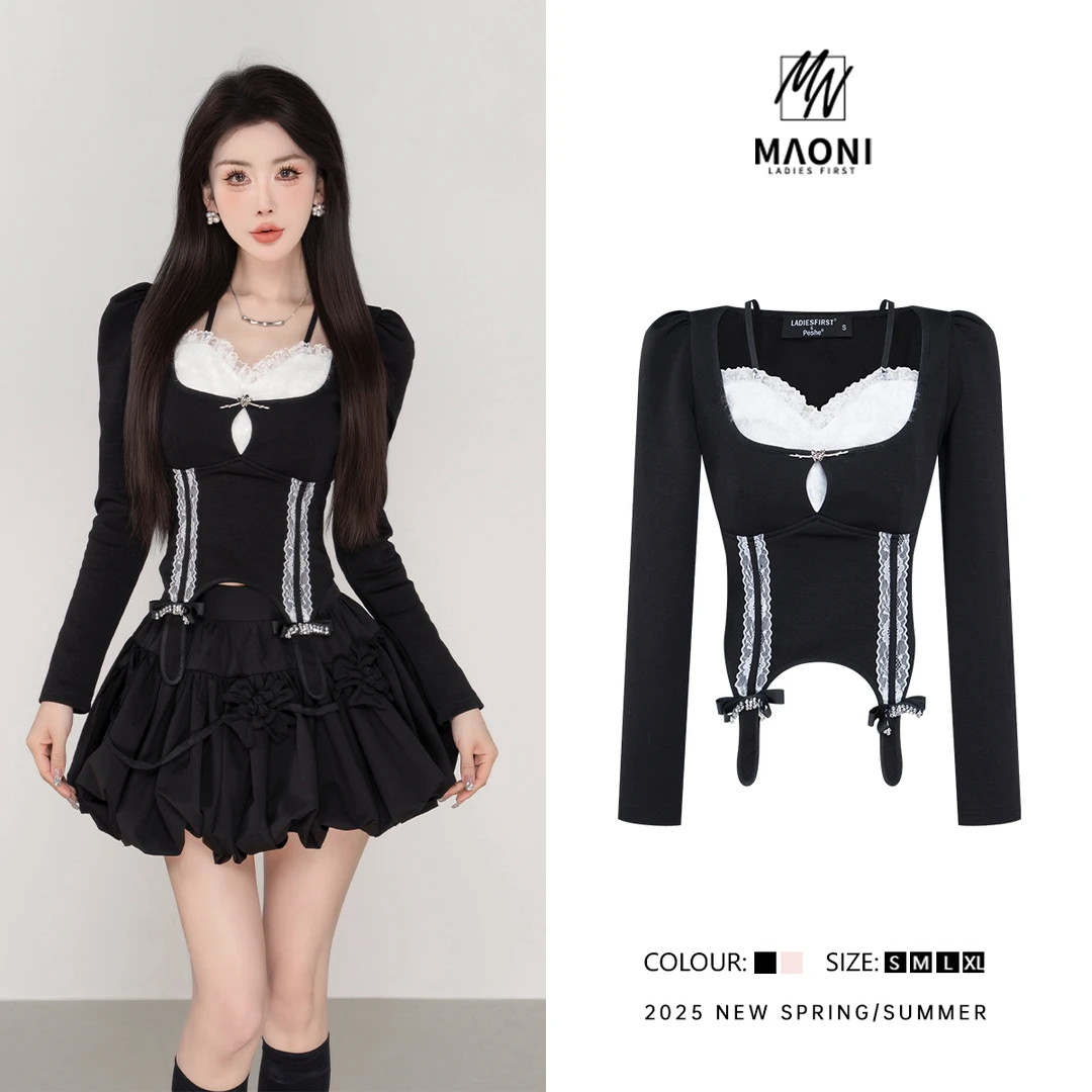 毛妮Peshe【拼接假两件T恤】蕾丝纯欲甜美长袖上衣2025春款 L1205