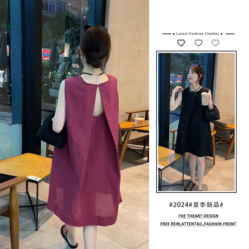 法式设计感后背镂空圆领无袖背心裙女夏天宽松显瘦减龄a字连衣裙