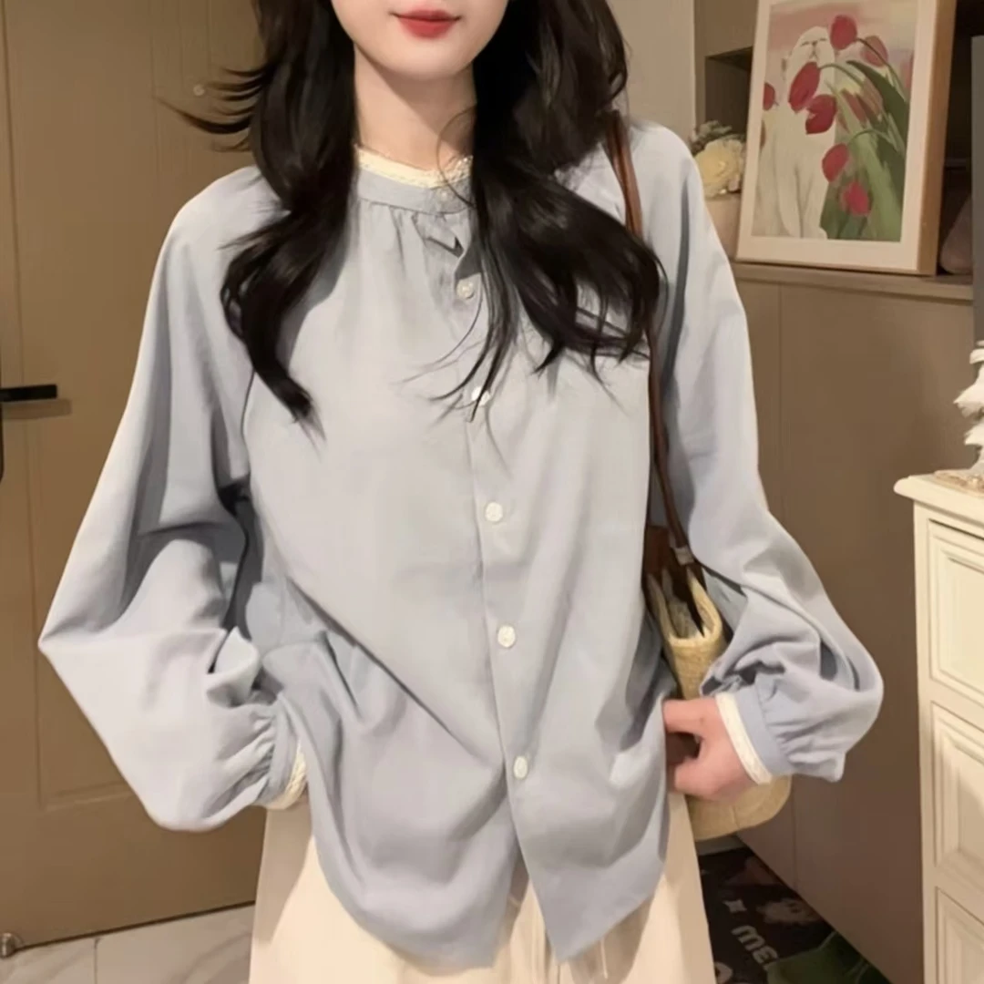 设计感法式甜美长袖衬衫女春秋显瘦宽松遮肚上衣减龄衬衣