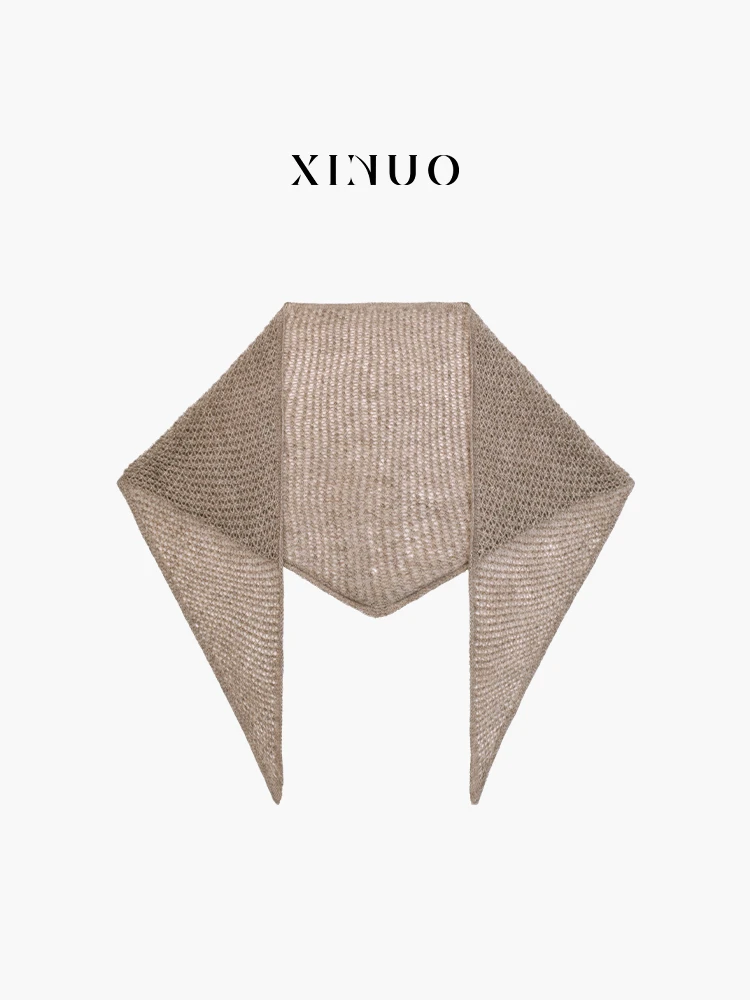 XINUO 100%山羊绒编织三角围巾女 秋冬镂空披肩百搭三角巾送礼物