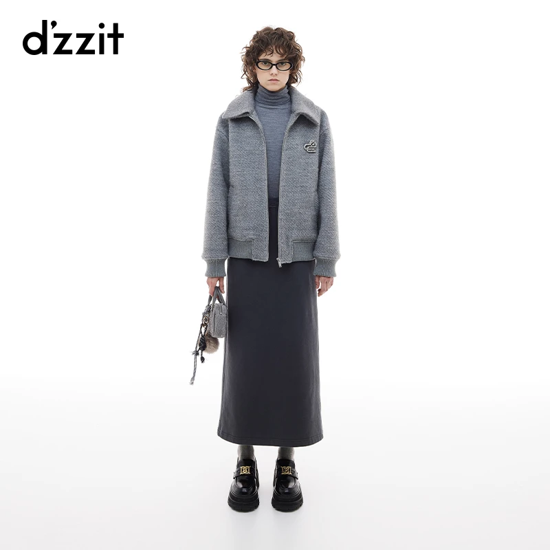 dzzit地素毛呢外套冬老钱风拼接针织翻领短大衣女3I4G175