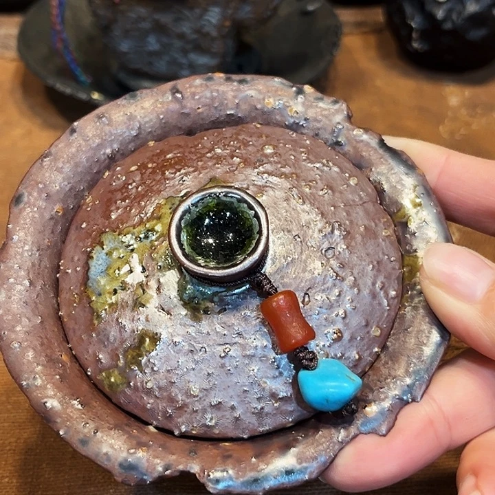 柴烧粗陶盖碗盖碗