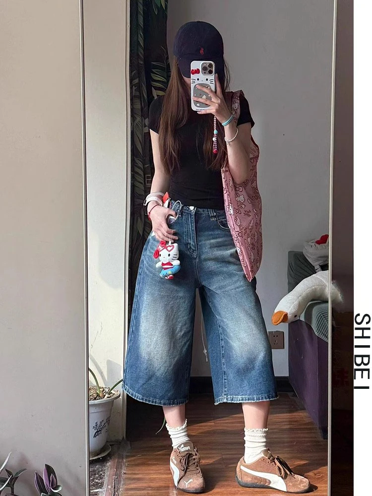 SHIBEI 辣妹复古做旧牛仔阔腿七分裤宽松显瘦小个子显高百搭神裤