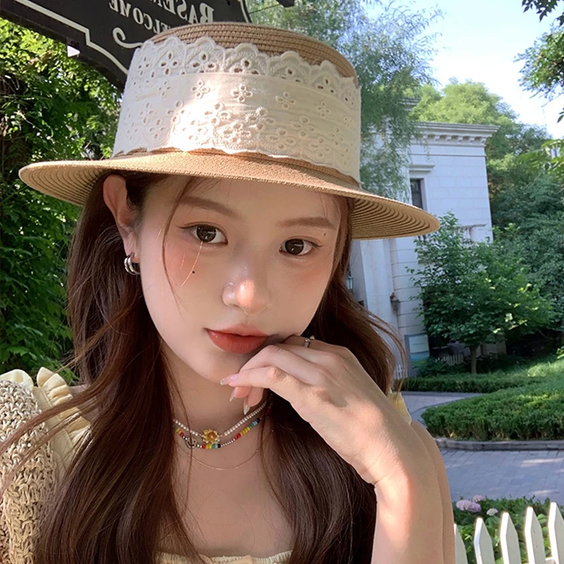 法式蕾丝编织草帽女夏2025新款海边沙滩度假防晒遮阳平顶草编帽子