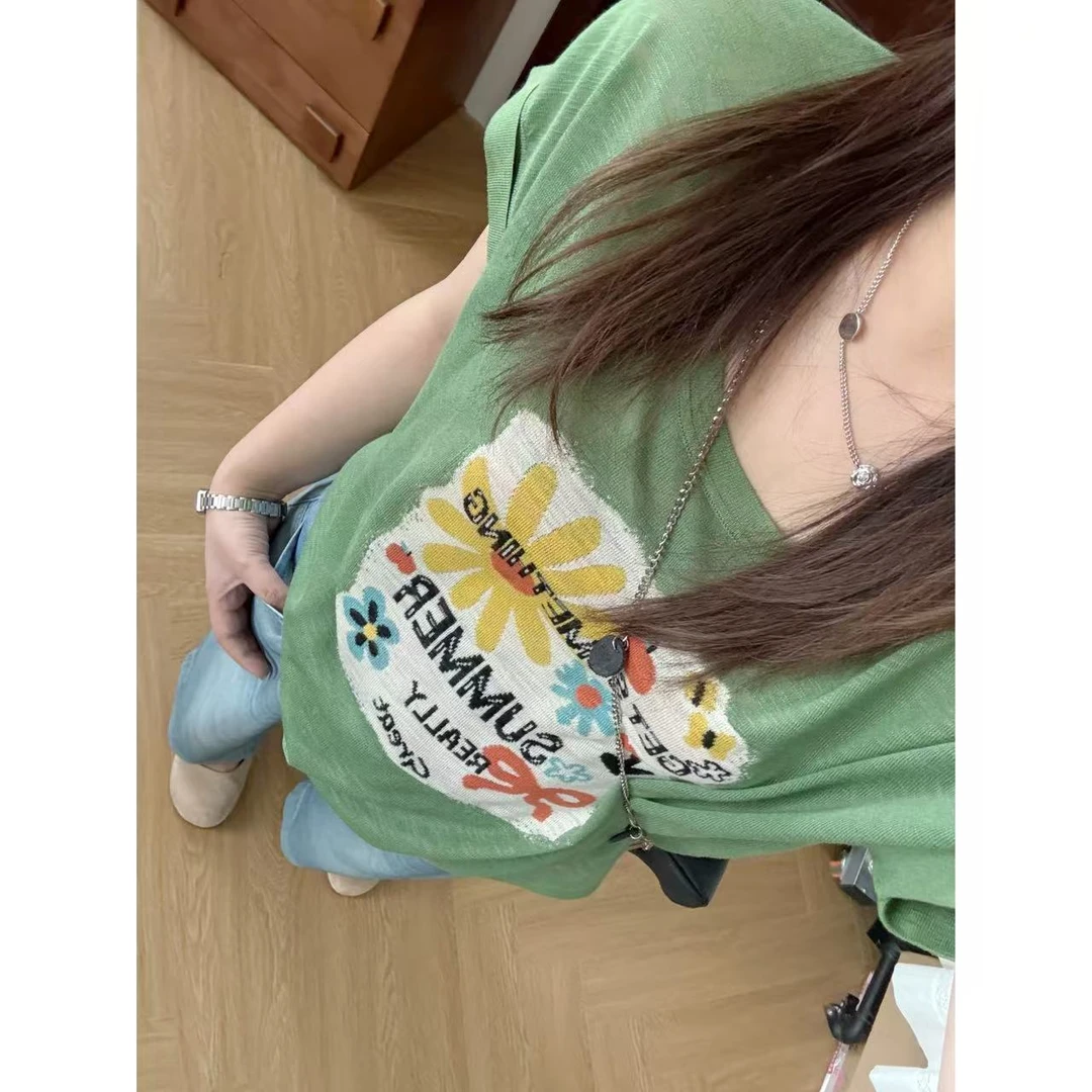 晶咕佳佳【花花世界】花花图案冰麻短袖T恤薄透复古宽松重工设计感