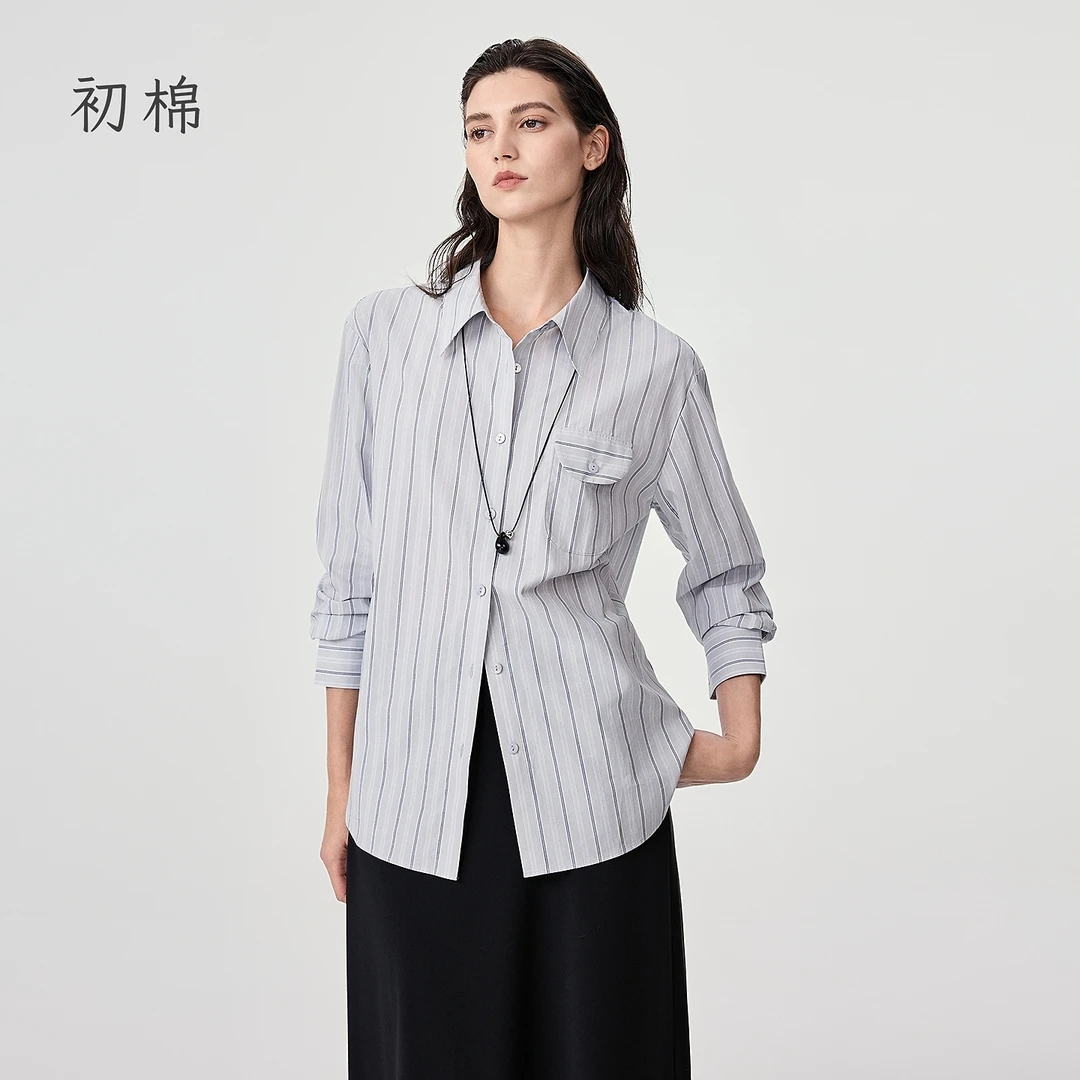 初棉【9.12】宽松薄款条纹长袖衬衫休闲时尚366604011