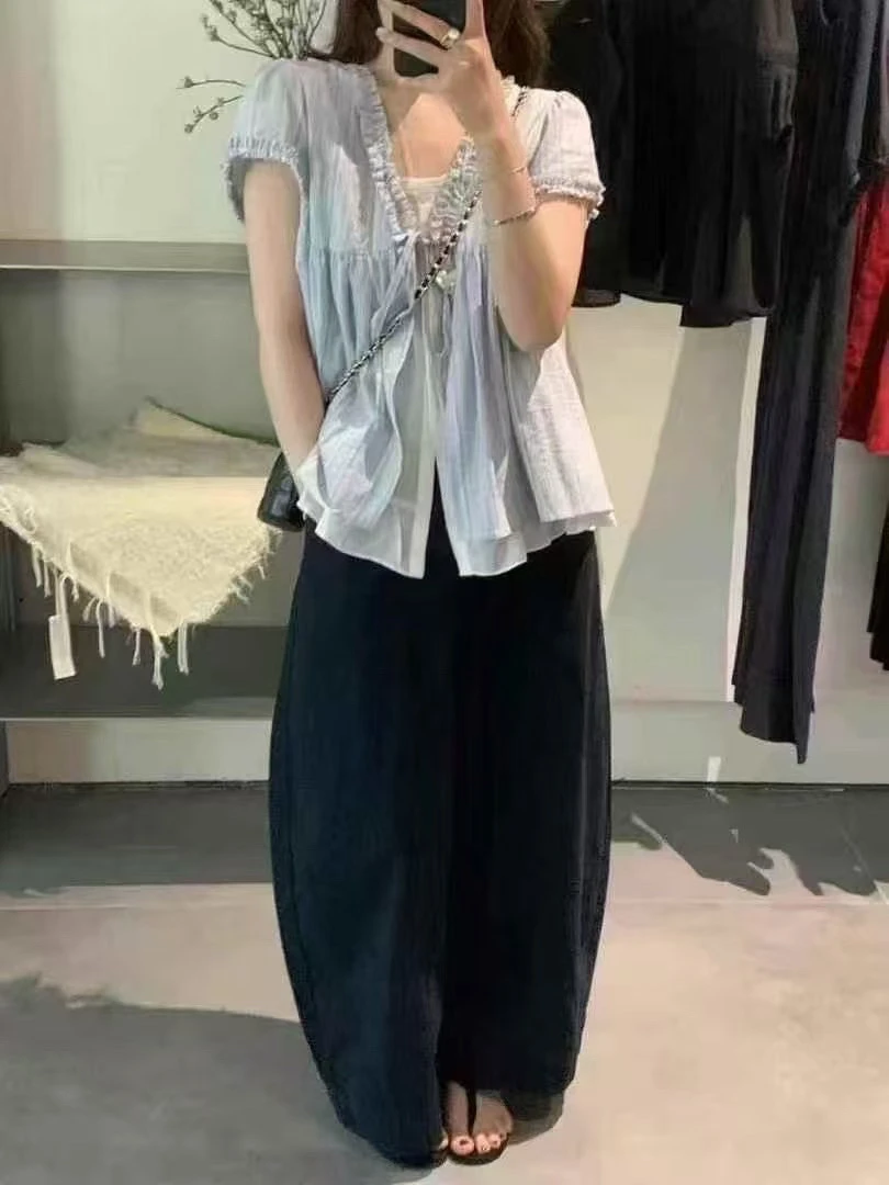 0314 韩系条纹格子花边拼接假两件小衫（格子衣长52 条纹60）