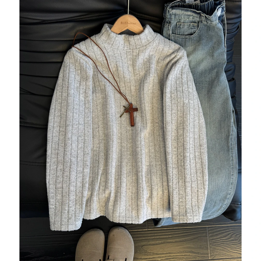 美式复古条纹加绒加厚保暖卫衣男女秋冬季长袖T恤cleanfit打底衫