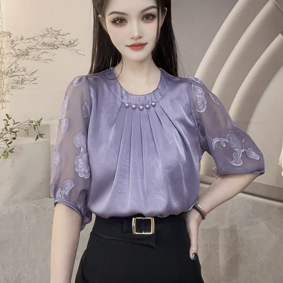 衬衫女七分袖中国风珠子衬衣2025春夏新款百搭镂空袖遮肚显瘦上衣