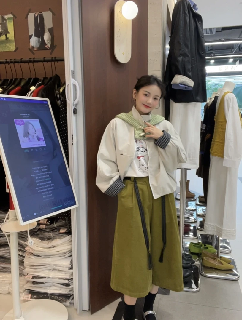 秋季立领女常规款法式格纹短外套风衣宽松开衫拼接